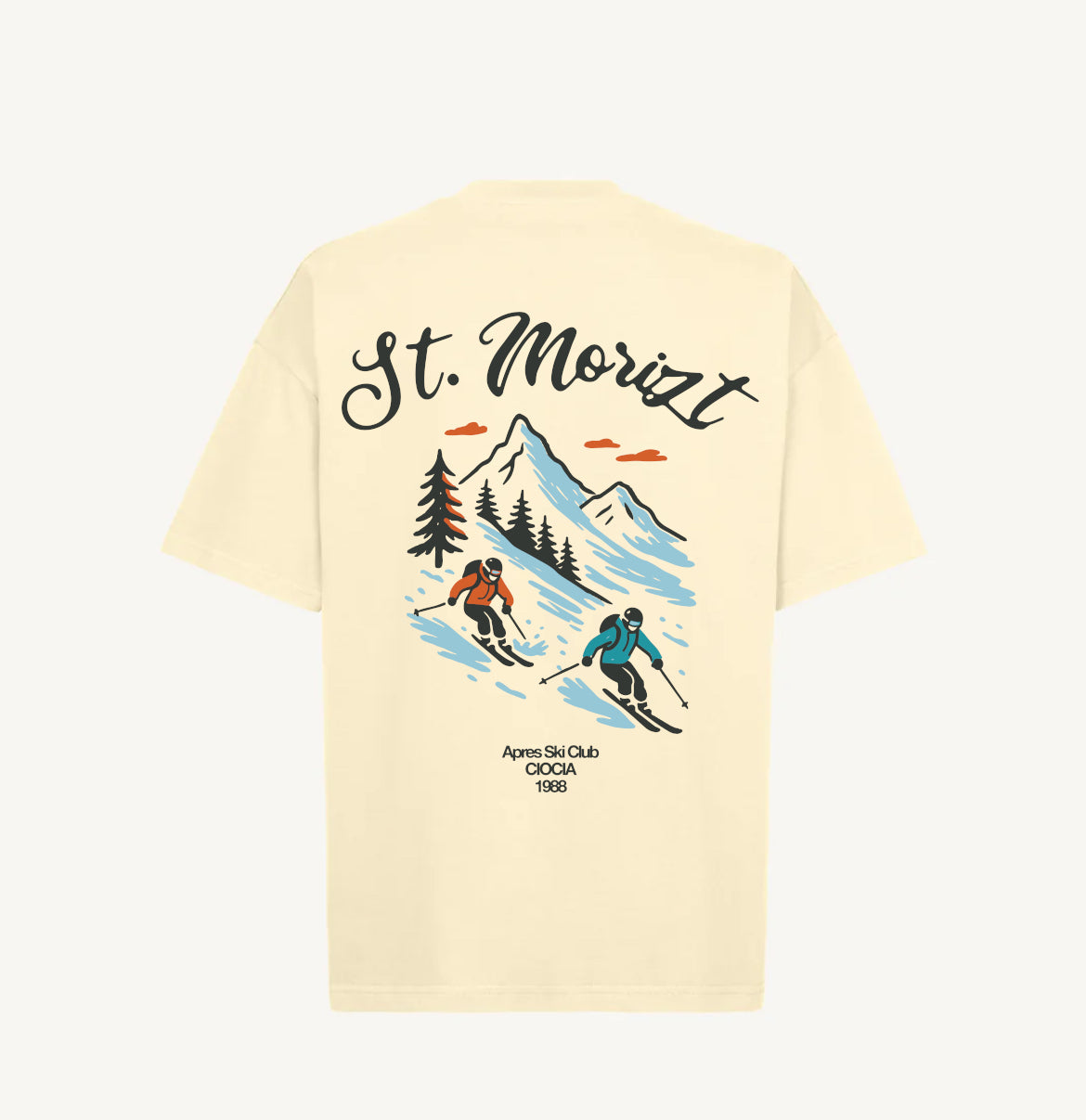 T-shirt crème homme Saint-Moritz avec imprimé ski vintage de montagnes et skieurs au dos