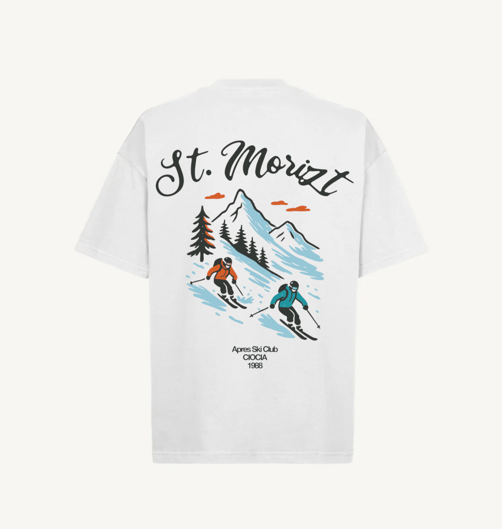 T-shirt blanc homme avec grand imprimé Saint-Moritz, montagne et skieurs au dos