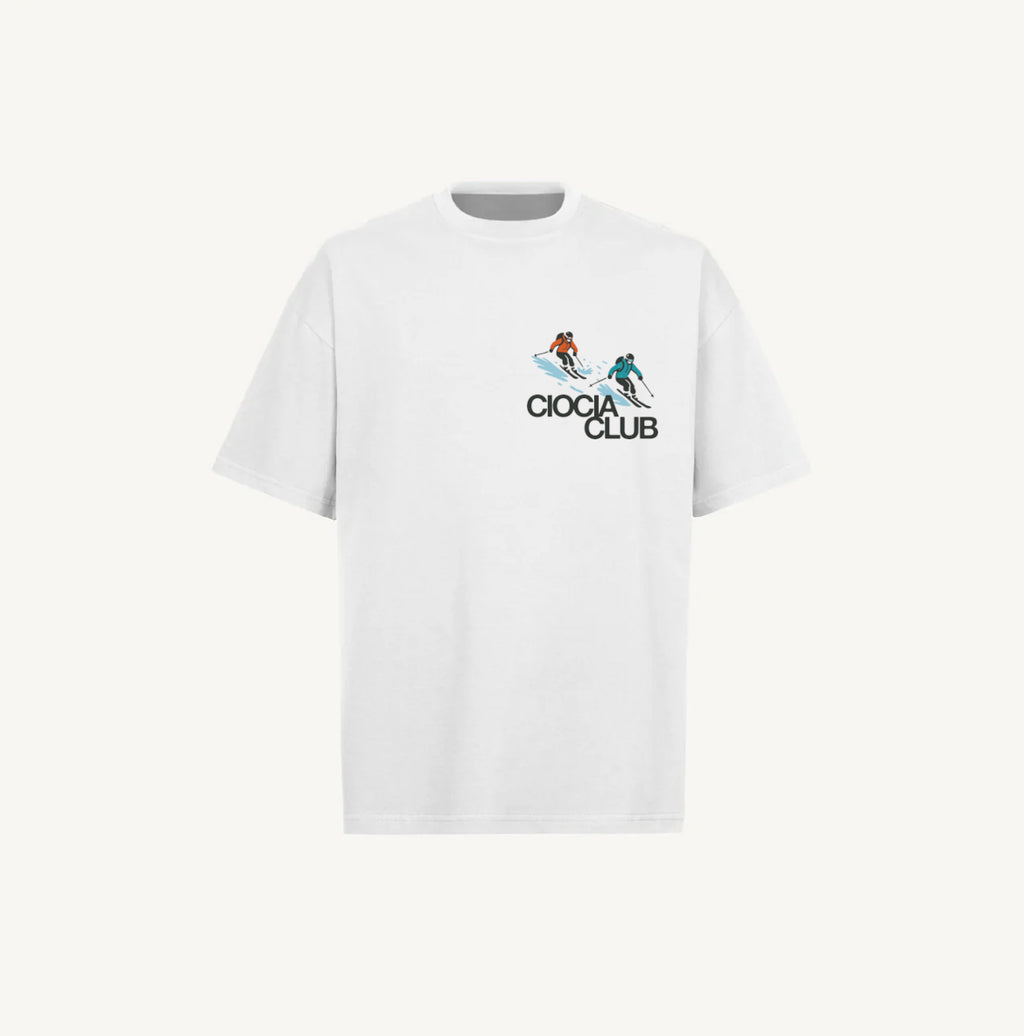 T-shirt ski homme blanc oversize avec petit imprimé CIOCIA Club, vue de face