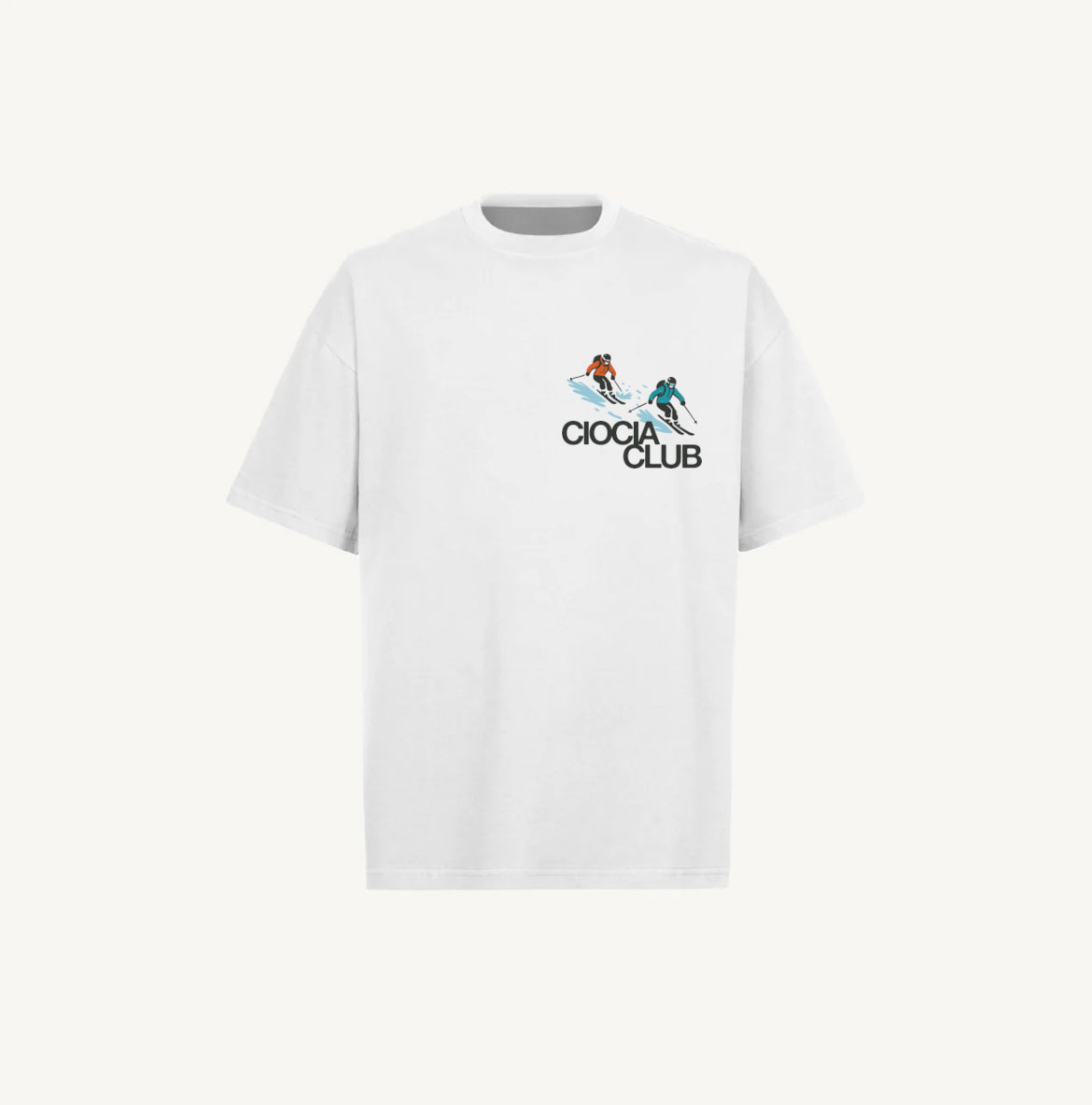 T-shirt ski homme blanc oversize avec petit imprimé CIOCIA Club, vue de face