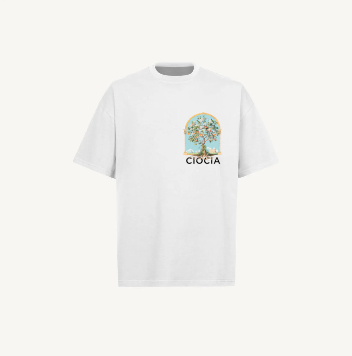 T-shirt CIOCIA Arche Tree blanc, vue de face, coton bio oversize