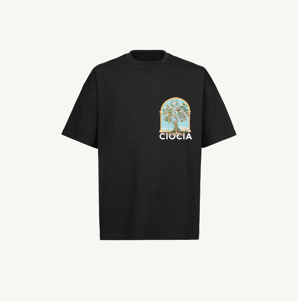 T-shirt CIOCIA Arche Tree noir, vue de face, coton bio oversize