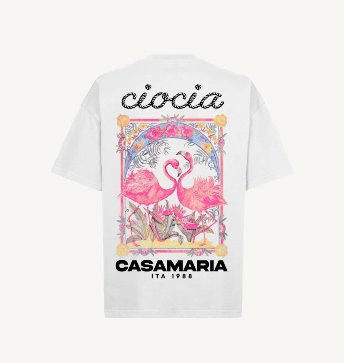 T-shirt CIOCIA BF Flamingos blanc, detail de l'imprime