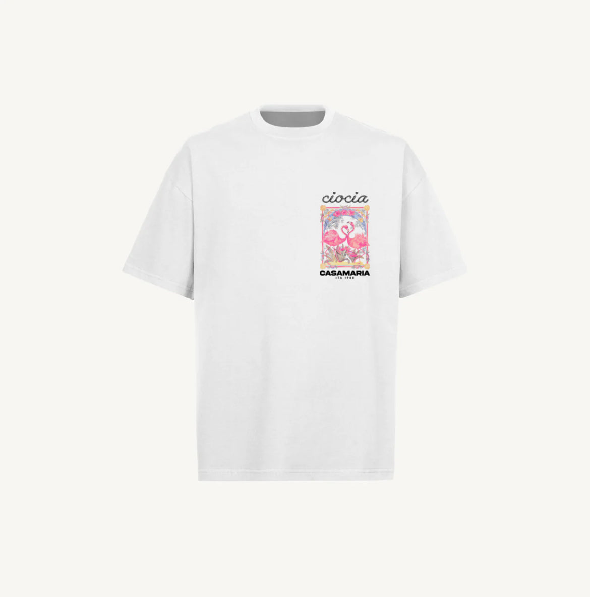 T-shirt CIOCIA BF Flamingos blanc, vue de face, imprime flamants roses