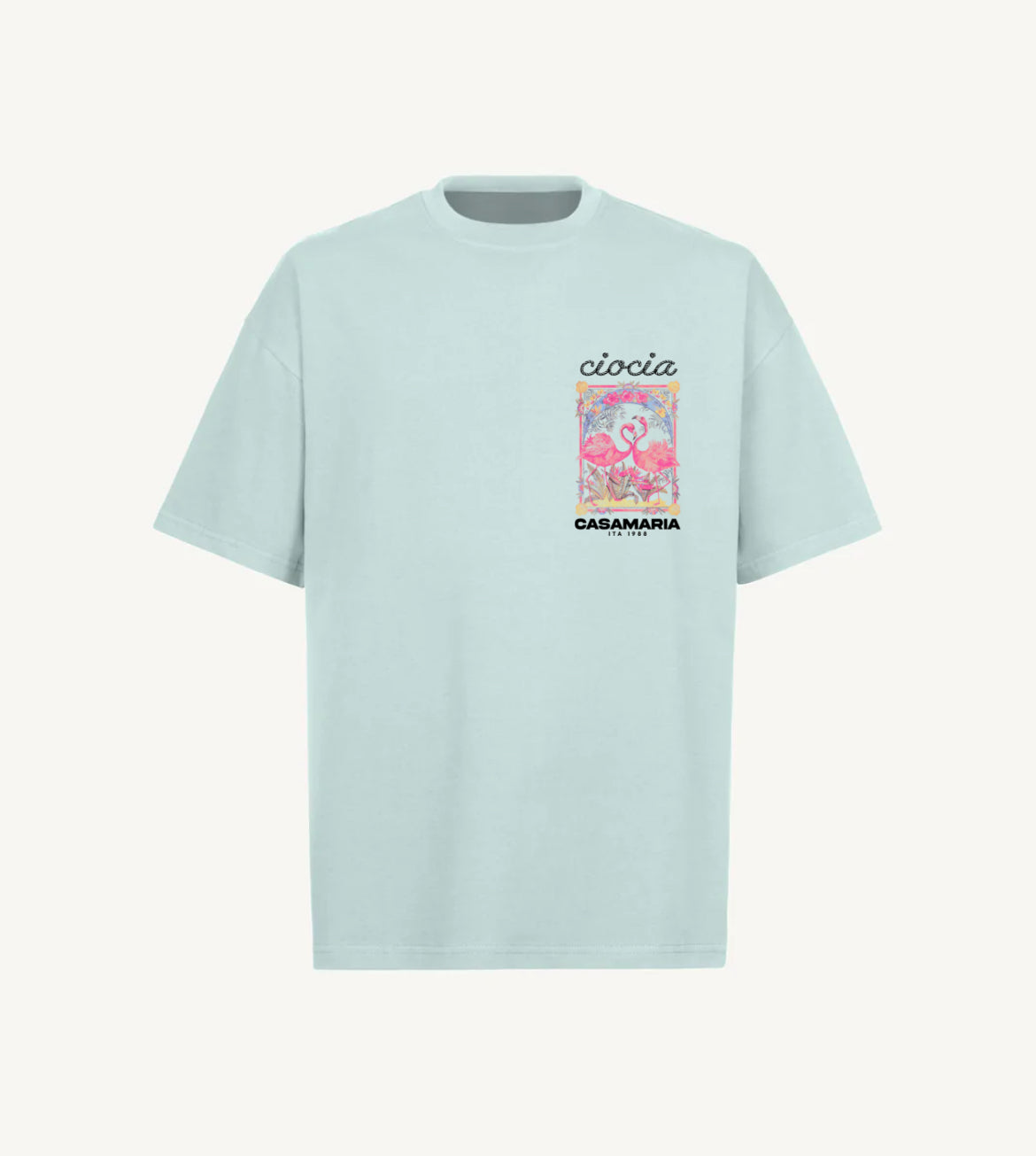 T-shirt CIOCIA BF Flamingos menthe, vue de face, imprime flamants roses