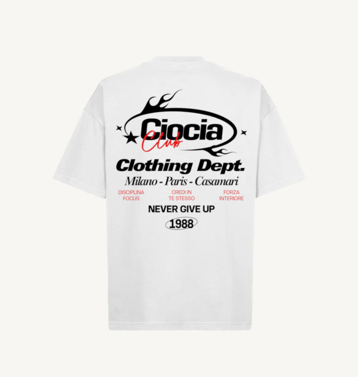 T-shirt CIOCIA Clothing Dept blanc, detail de l'imprime