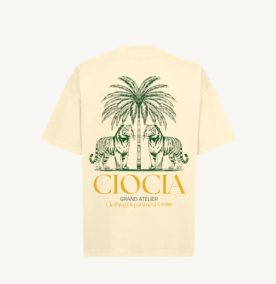 T-shirt CIOCIA Dobio Tiger creme, vue de face, imprime tigre