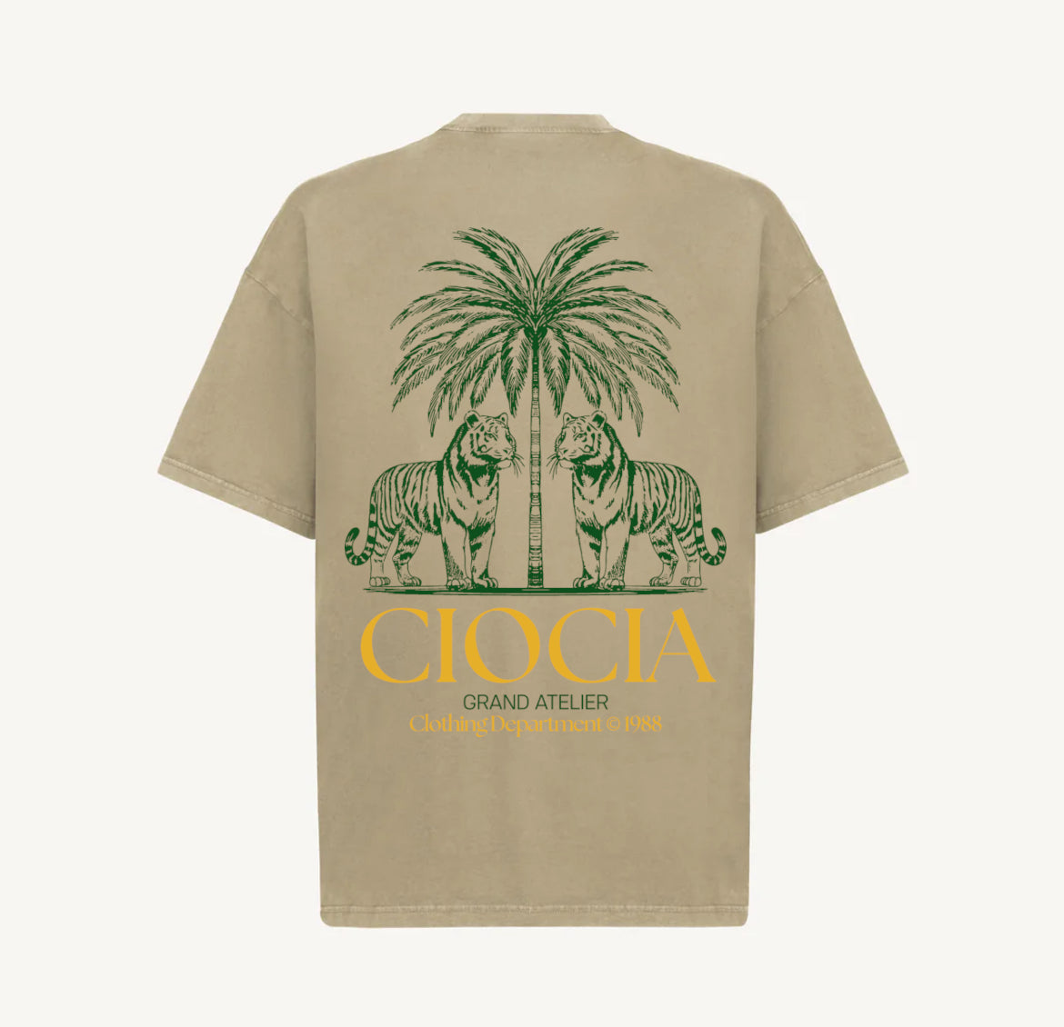 T-shirt CIOCIA Dobio Tiger dune, vue de face, imprime tigre