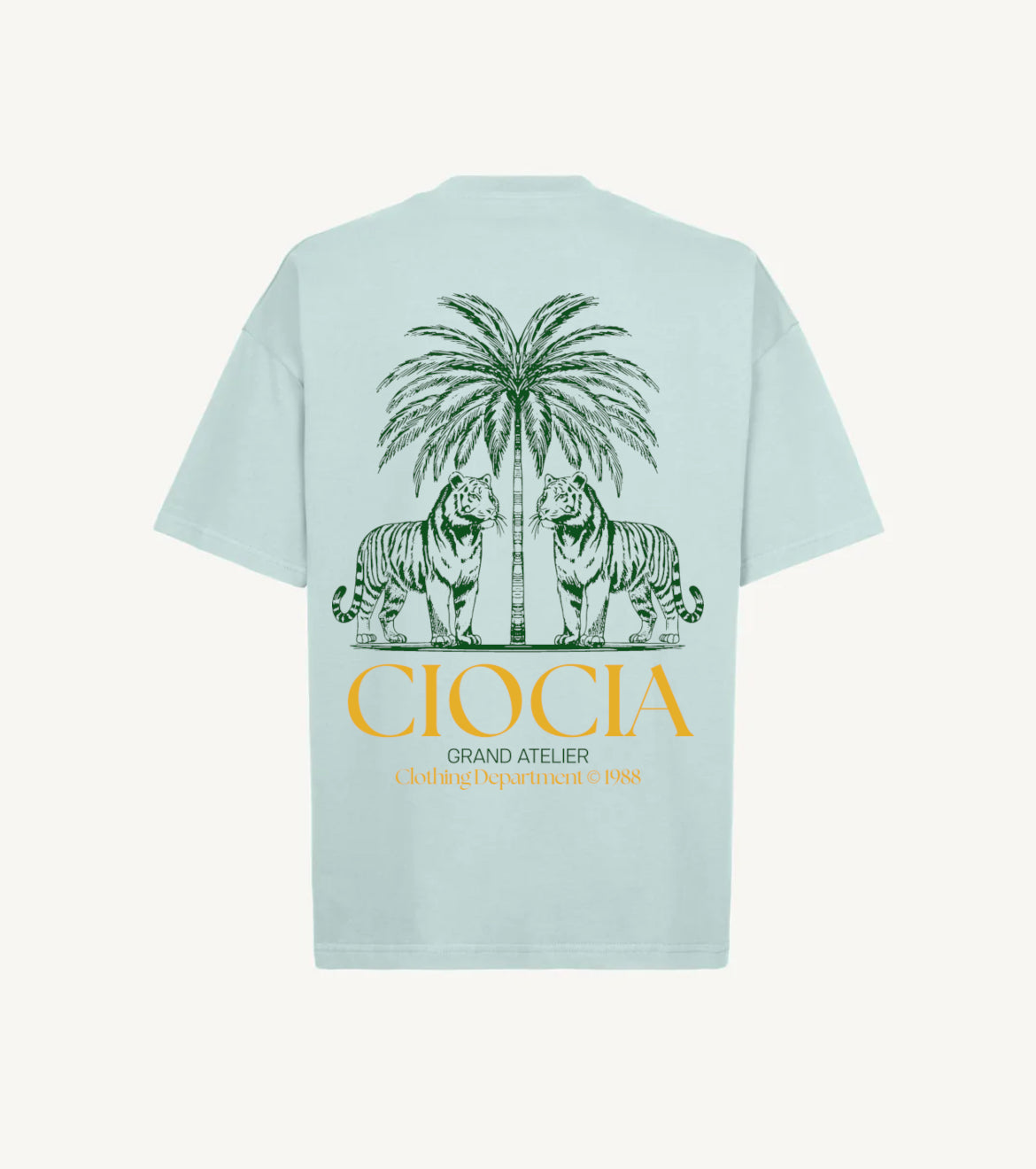 T-shirt CIOCIA Dobio Tiger menthe, vue de face, imprime tigre