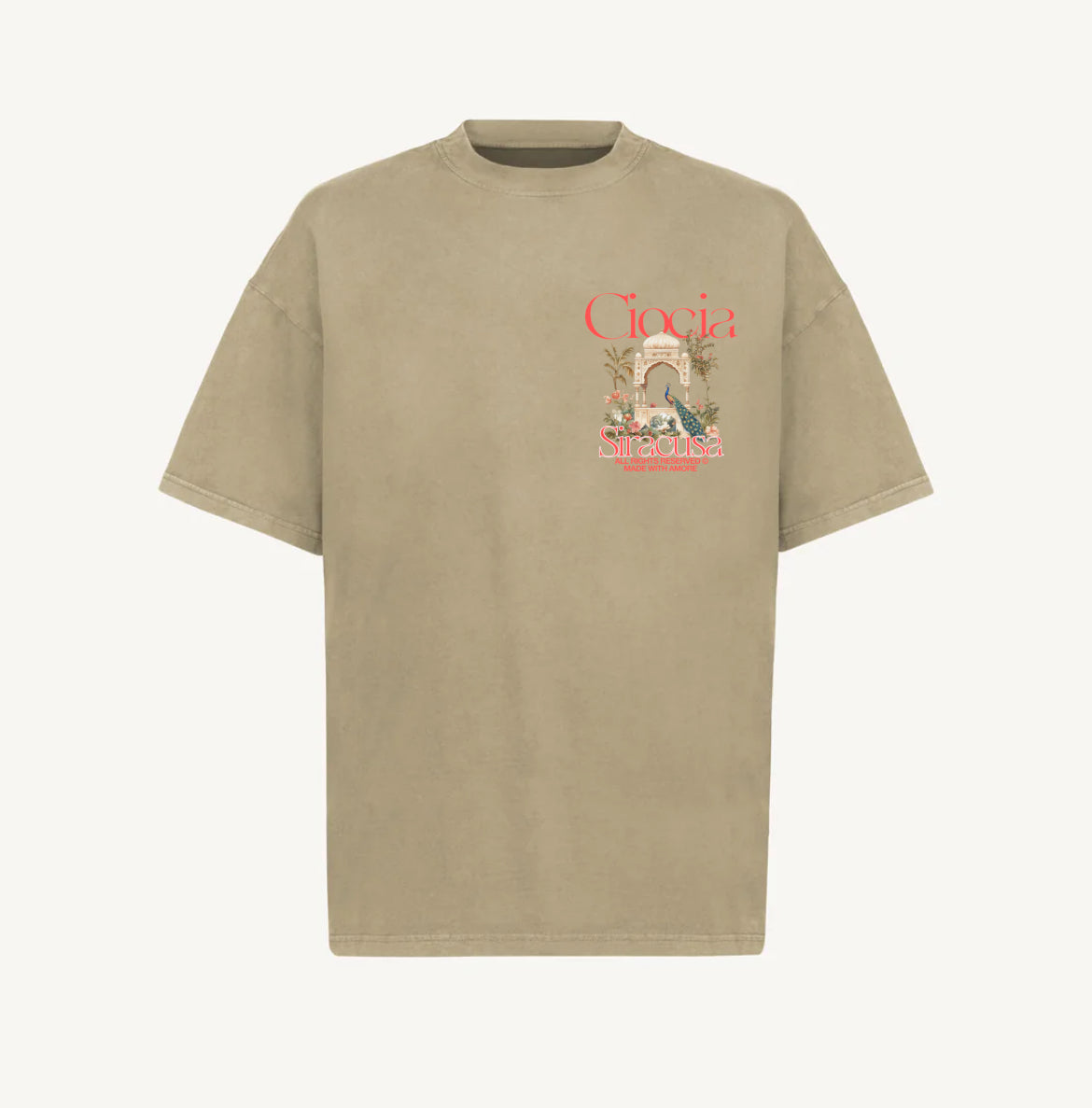T-shirt délavé homme couleur sable oversize avec petit imprimé, vue de face