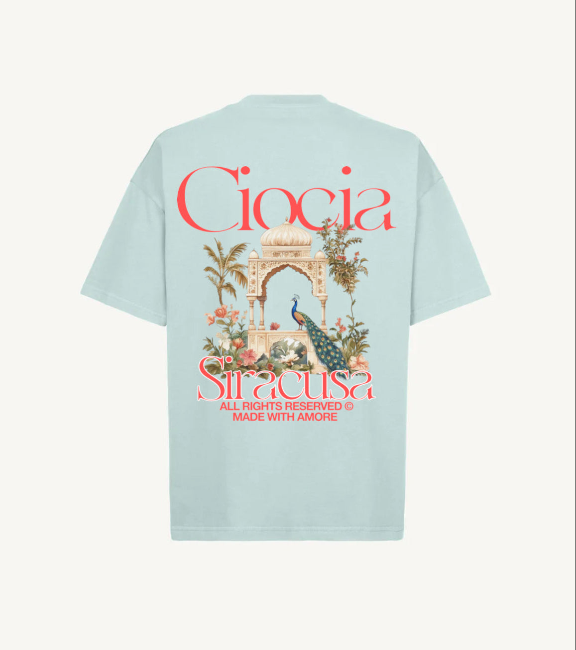 T-shirt vert d'eau avec grand imprimé paon, arche et palmiers au dos