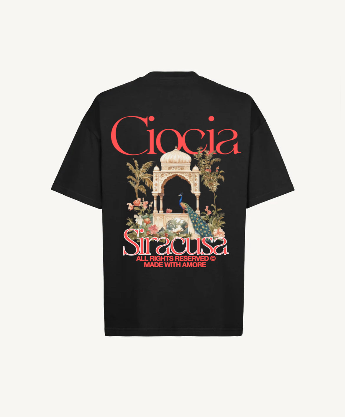 T-shirt noir homme avec grand imprimé Syracuse, paon, arche et fleurs au dos