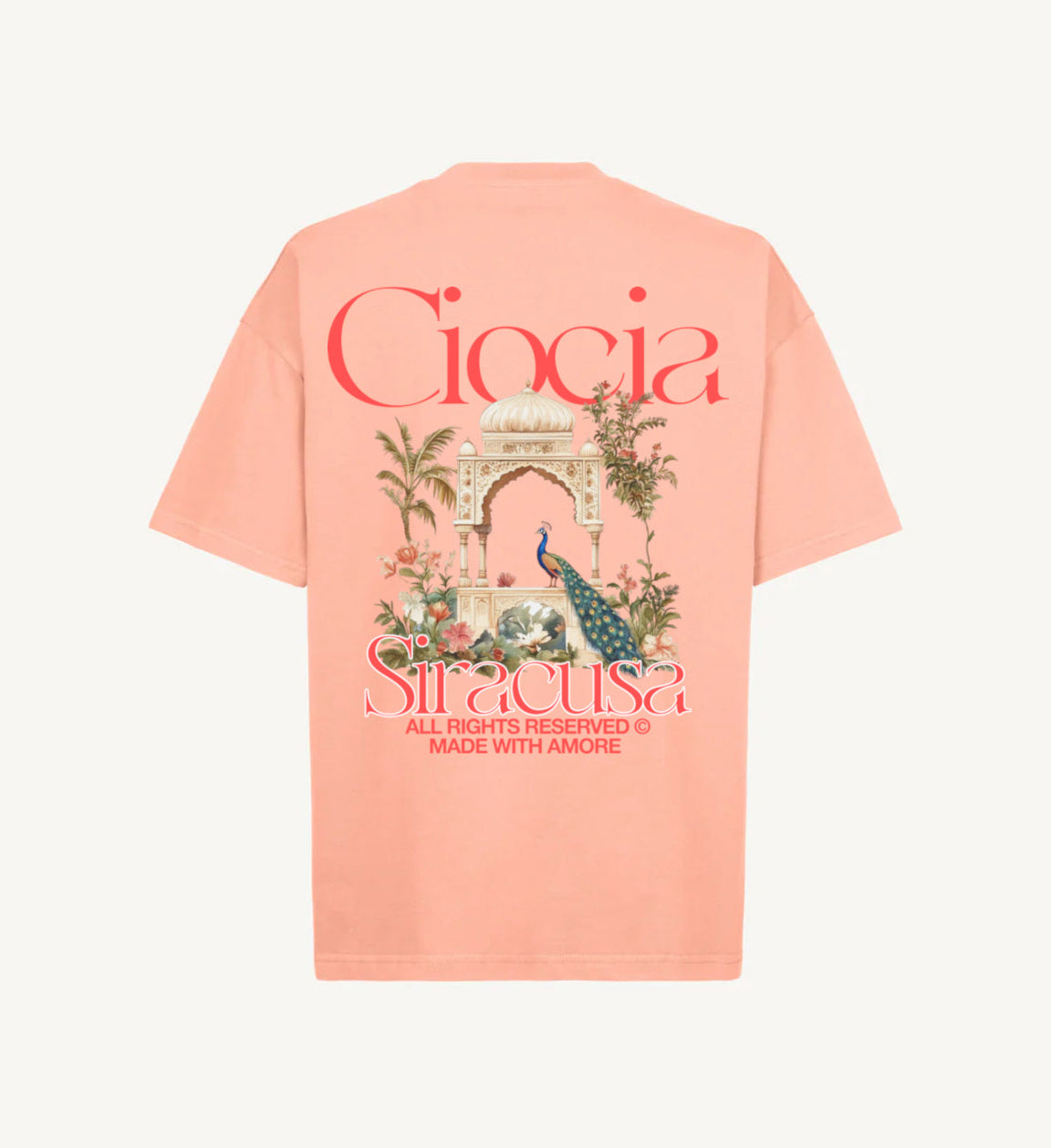 T-shirt Sicile rose saumon avec grand imprimé paon, arche et palmiers au dos