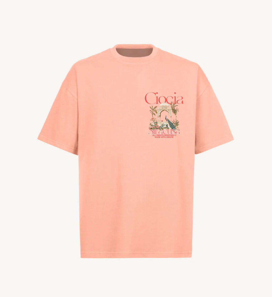 T-shirt rose saumon oversize à petit imprimé paon, vue de face
